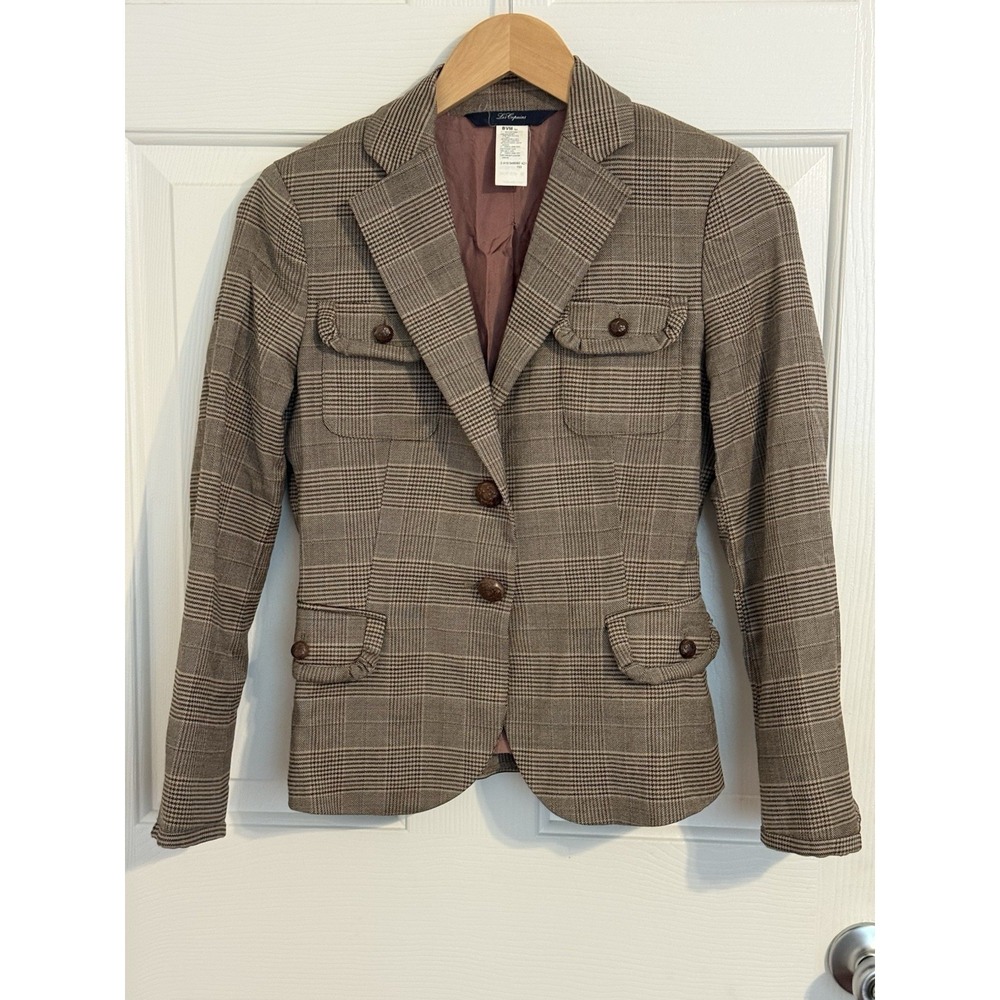 Vtg Les Copains Brown Plaid Button Blazer Jacket BVM Spa Italy size M preppy